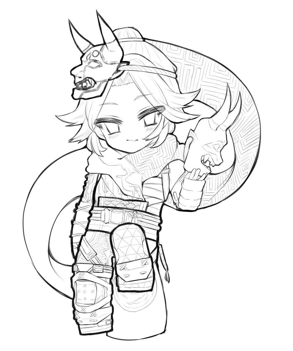 1girl, apex_legends, bangs, demon's_whisper_wraith, demon_within_wraith, greyscale, hair_bun, head_tilt, highres, holding, holding_mask, lineart, looking_at_viewer, mask, mask_on_head, monochrome, obi, official_alternate_costume, oni_mask, parted_bangs, sash, scarf, serinoki, smile, solo, wraith_(apex_legends)