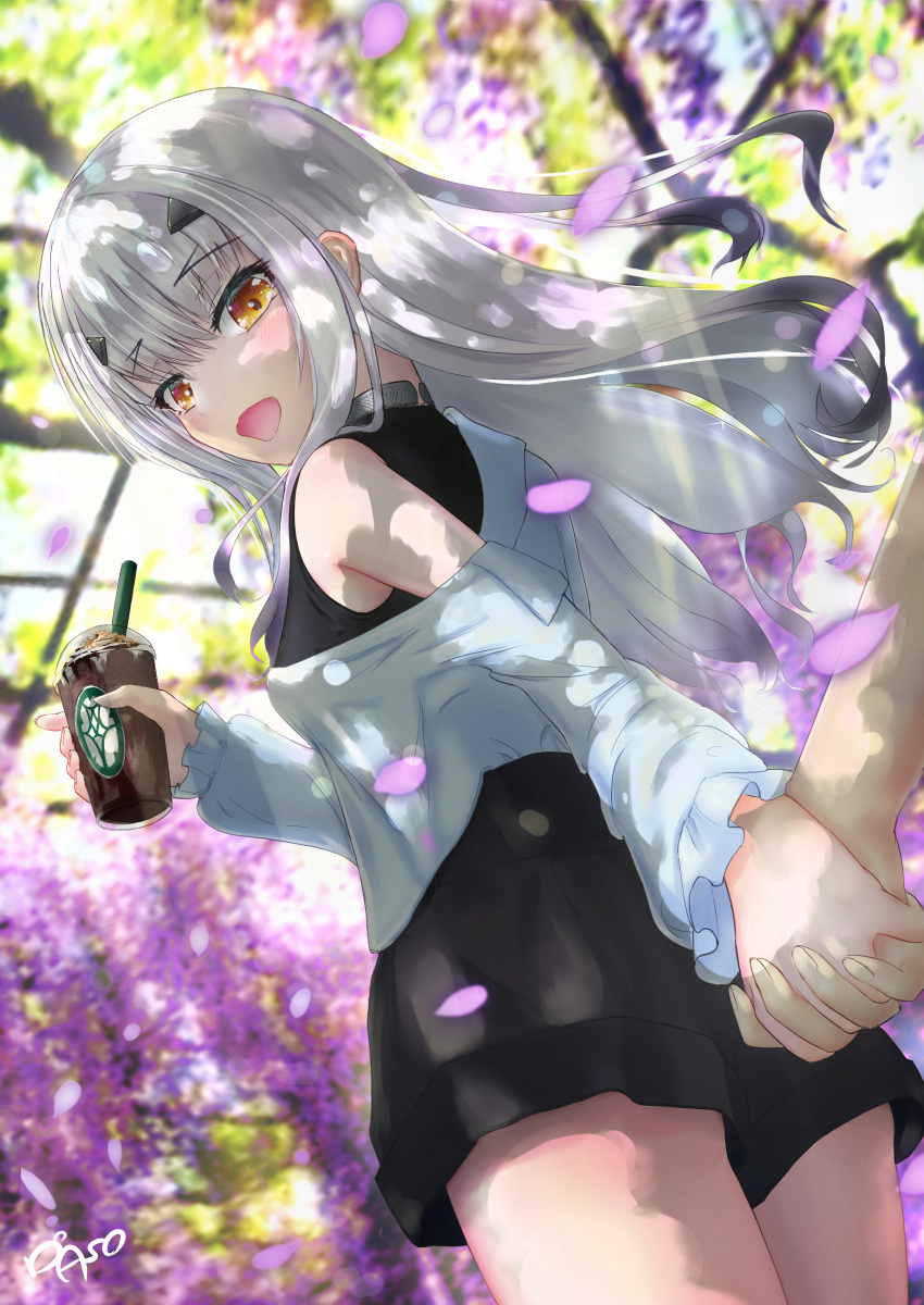 1girl, absurdres, alternate_costume, asobeco, coffee_cup, cup, disposable_cup, drinking_straw, fairy_knight_lancelot_(fate), falling_petals, fate/grand_order, fate_(series), highres, holding_hands, long_hair, petals, white_hair, yellow_eyes