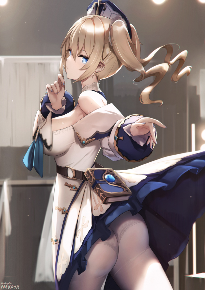 1girl, ass, bangs, barbara_(genshin_impact), bare_shoulders, blonde_hair, blue_eyes, blue_nails