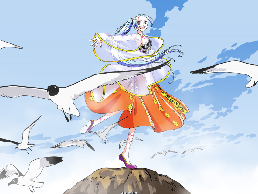 :d, aqua_hair, arabian_clothes, bird, blue_sky, brown_hair, flowing_dress, flowing_hair