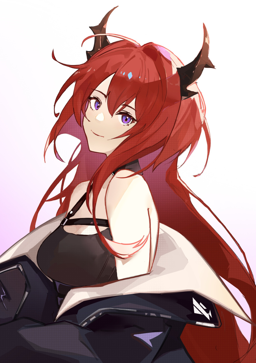 1girl, absurdres, arknights, bangs, bare_shoulders, black_dress, black_jacket, breasts