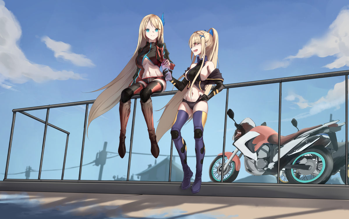 2girls, black_gloves, black_shorts, blonde_hair, blue_sky, boots, bottle, breasts