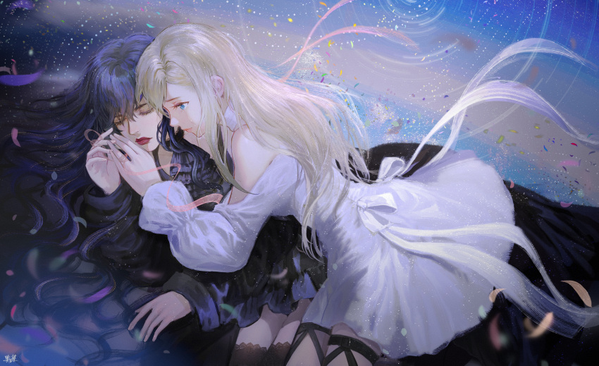 2girls, absurdres, ascot, bangs, bare_shoulders, black_ascot, black_hair, black_legwear