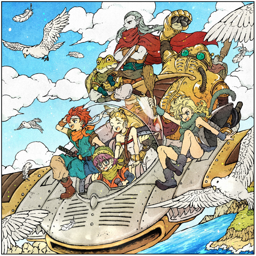 3girls, arm_behind_head, asymmetrical_bangs, ayla_(chrono_trigger), bangs, belt, bird, blonde_hair