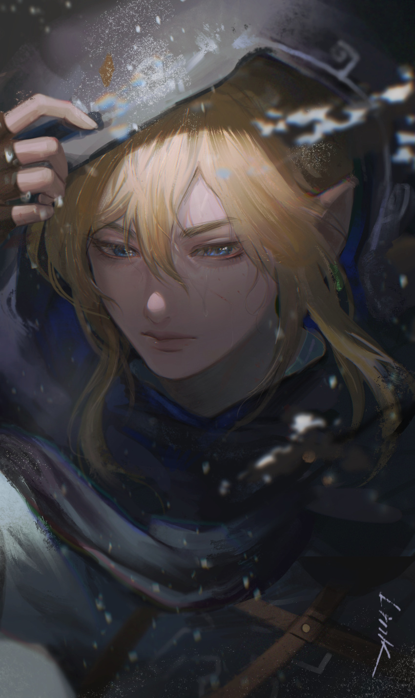 1boy, absurdres, arm_up, bangs, black_scarf, blonde_hair, blue_eyes, brown_gloves