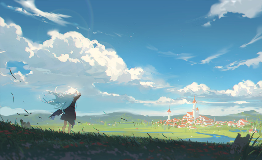 1girl, aqua-, arm_up, black_coat, blue_sky, clouds, coat, commentary_request
