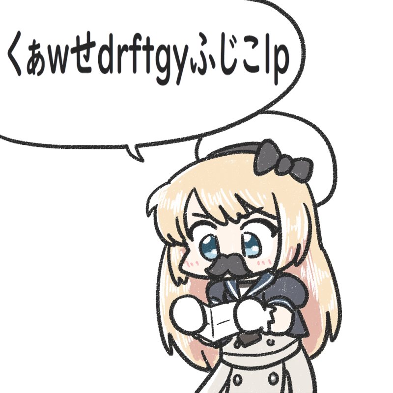 1girl, blonde_hair, blue_eyes, blue_sailor_collar, commentary_request, dress, fake_facial_hair, fake_mustache