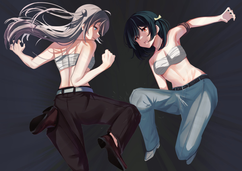 2girls, ahoge, azusa_zilu, bangs, belt_buckle, black_hair, blue_eyes, breasts