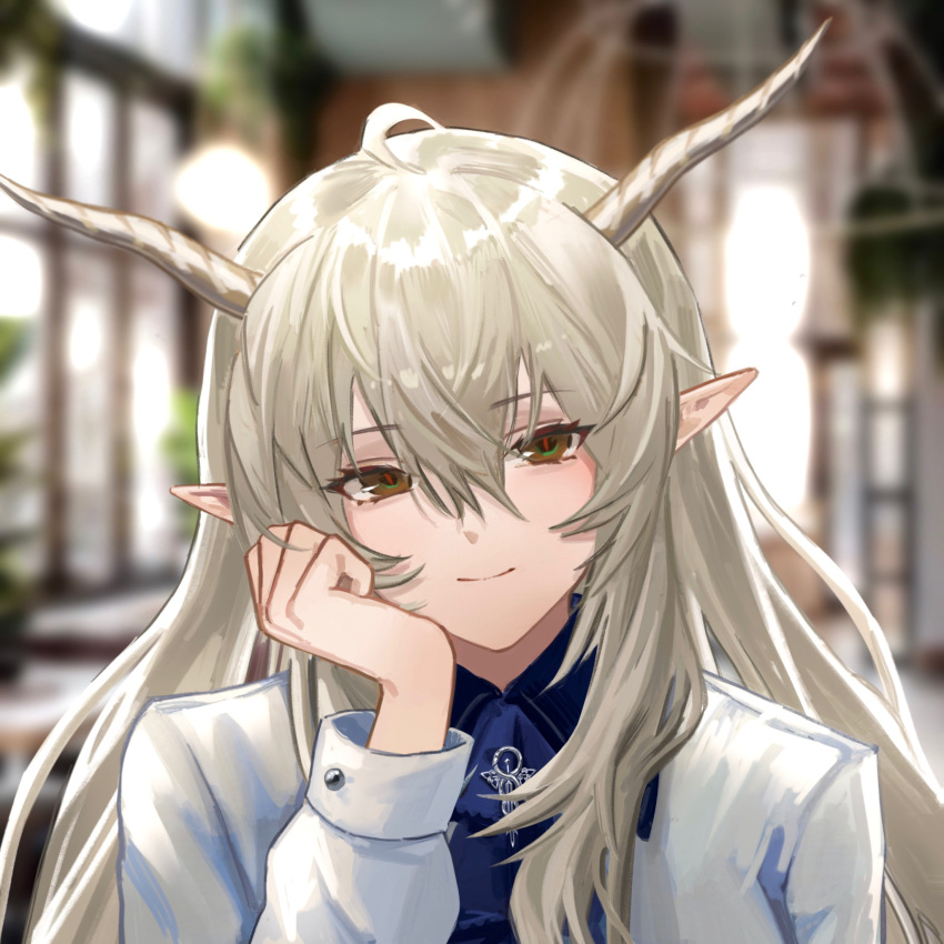 1girl, ahoge, alternate_costume, arknights, backlighting, bangs, blonde_hair, blue_shirt