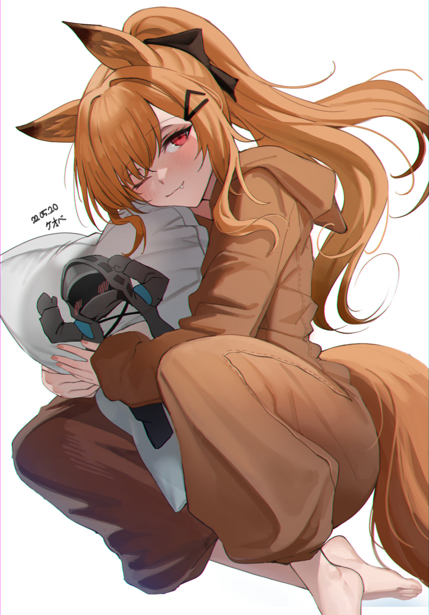 1girl, ;), absurdres, animal_ears, arknights, barefoot, beruko14, blush