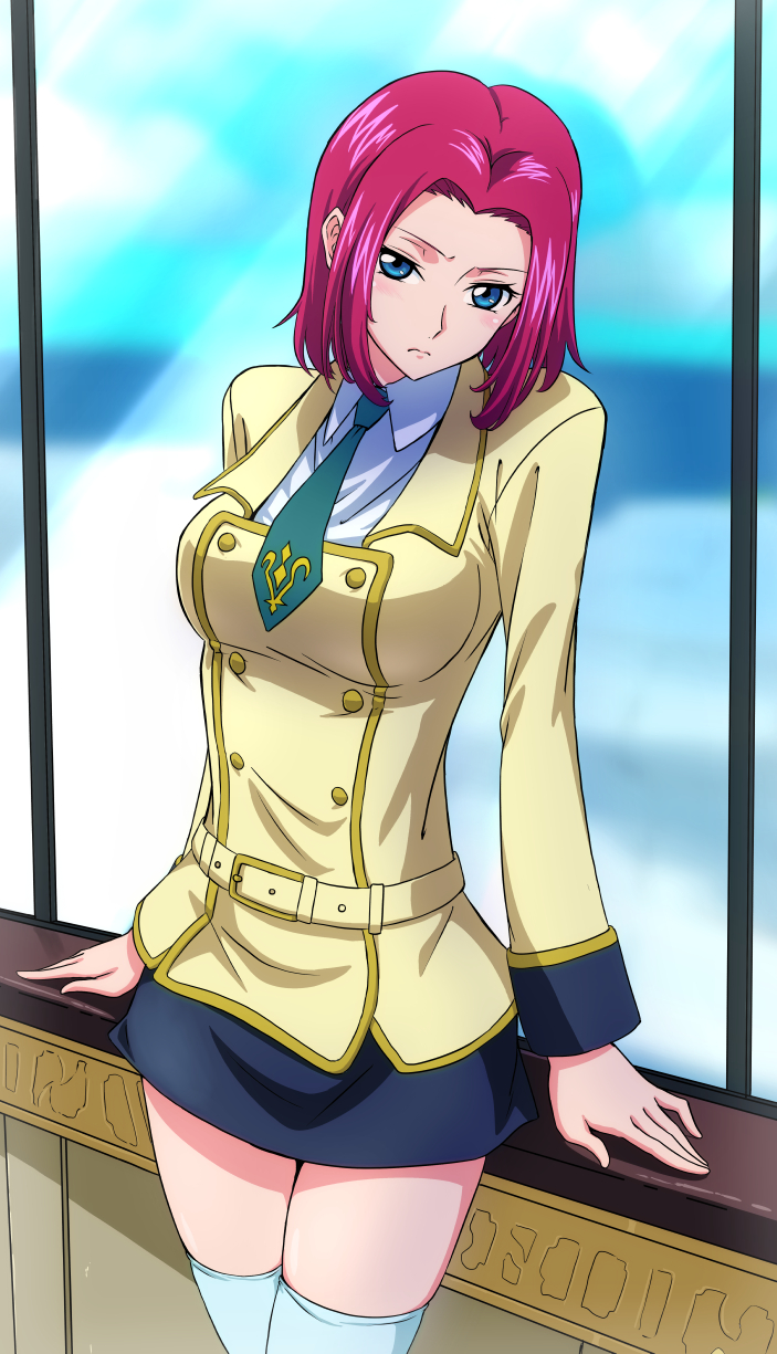 1girl, ashford_academy_uniform, belt, blue_eyes, blush, code_geass, dokozo_no_shirou, highres, kallen_stadtfeld, looking_at_viewer, medium_hair, necktie, redhead, school_uniform, skirt, solo, solo_focus, thigh-highs, white_legwear, window