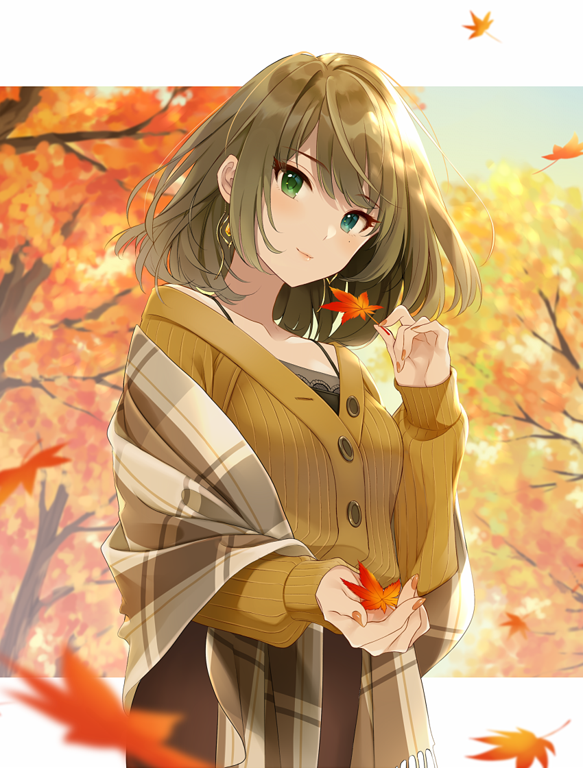 1girl, autumn, autumn_leaves, blue_eyes, blurry, blurry_foreground, brown_hair, brown_skirt