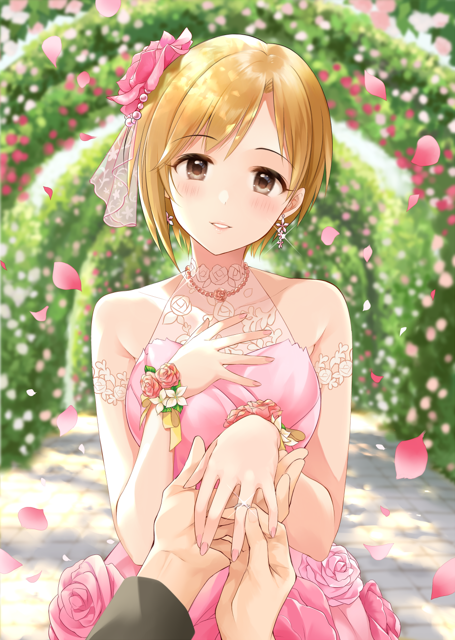 1girl, aiba_yumi, arm_strap, bangs, bare_shoulders, blonde_hair, blurry, blurry_background