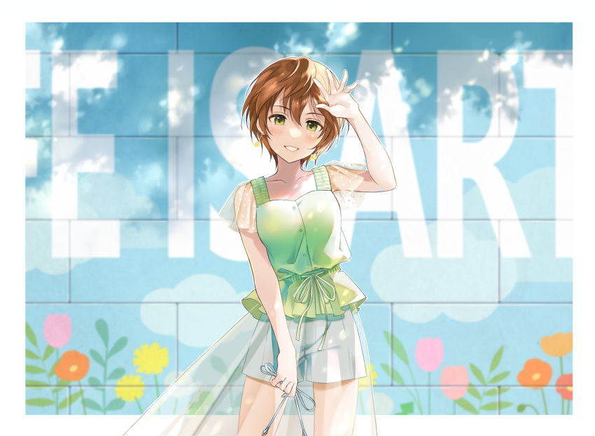 1girl, bangs, bob_cut, border, brown_hair, collarbone, cowboy_shot, earrings