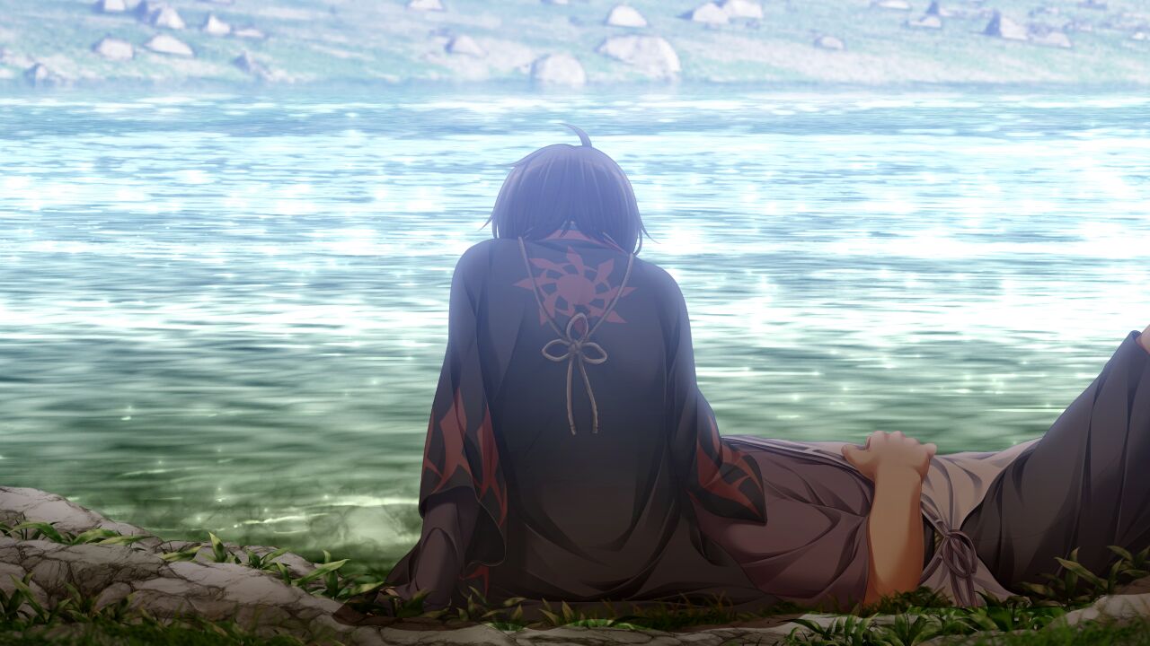 1boy, 1girl, asahina_hikage, backlighting, black_hair, day, from_behind, game_cg, grey_pants, grey_shirt, hand_on_own_stomach, hetero, kunado_kokuki, lap_pillow, non-web_source, outdoors, pants, river, shirt, short_hair, yuuri_(kunado_kokuki)