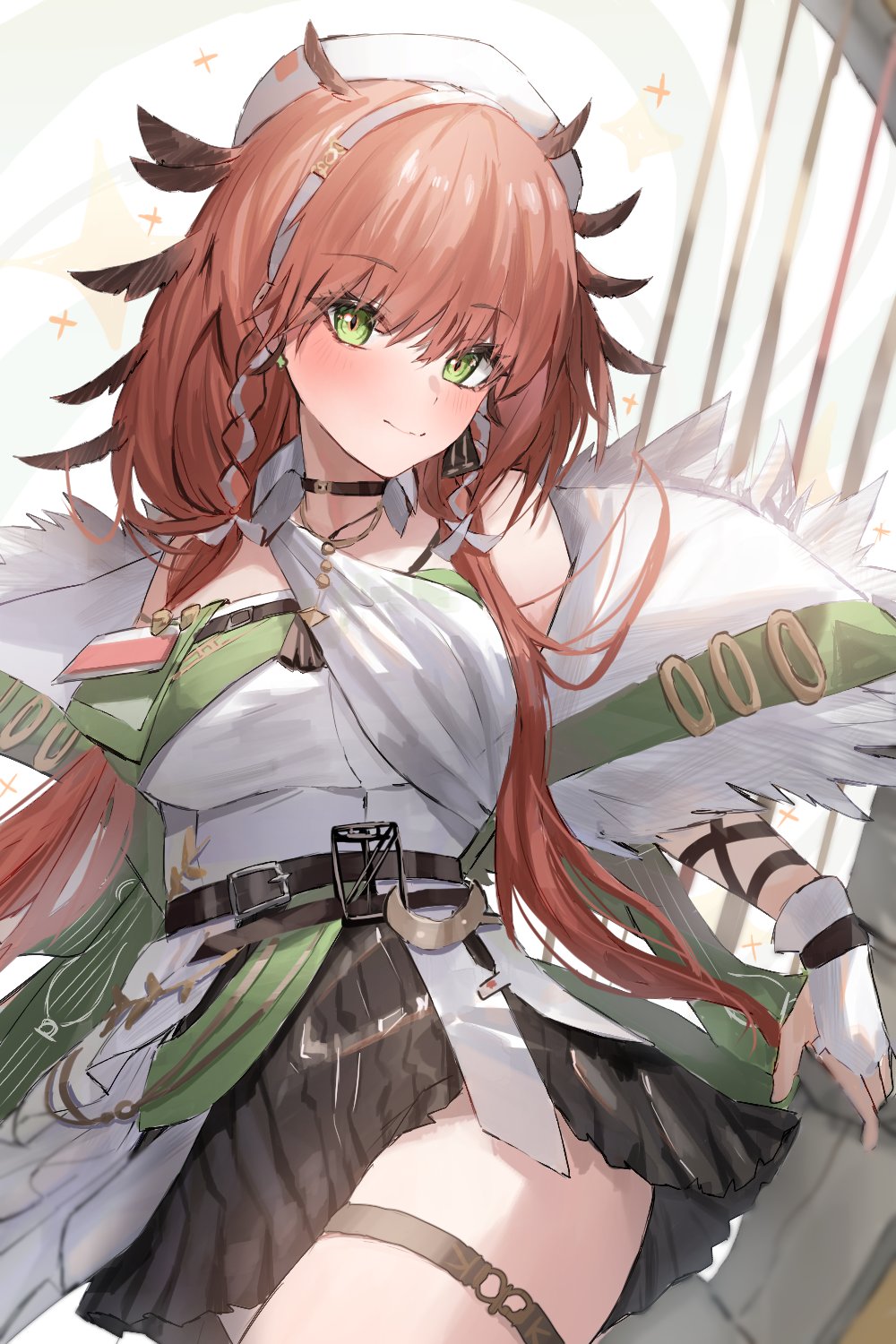 1girl, arknights, bangs, bare_shoulders, beret, black_skirt, blush, breasts