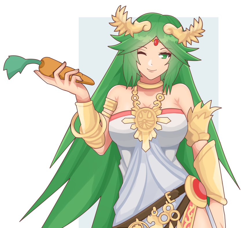 1girl, ;), armwear, bare_shoulders, carrot, cleavage, commission, commissioner_upload, djames, green_eyes, green_hair, holding_object, jamesfe, kid_icarus, kid_icarus_uprising, large_breasts, looking_at_viewer, matching_hair/eyes, necklace, palutena, parted_bangs, pendant, side_slit, sleeveless_dress, smile, solo, solo_female, strapless_dress, very_long_hair, white_background, white_dress, wink