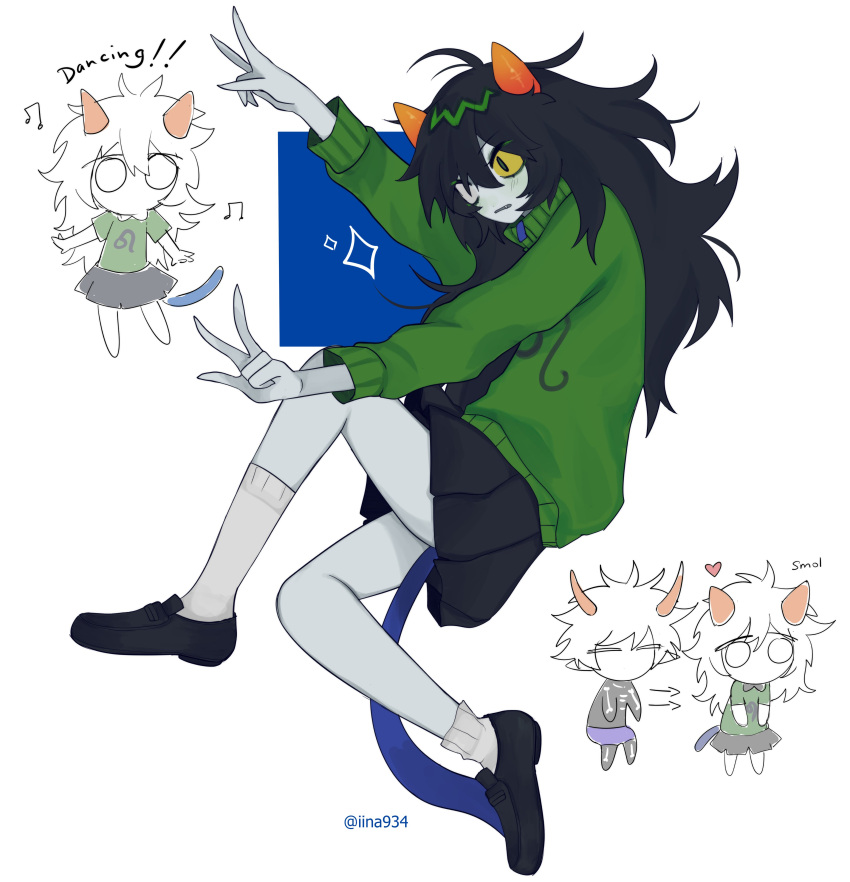 1boy, 1girl, absurdres, black_hair, colored_sclera, colored_skin, facepaint, grey_skin, heart, highres, homestuck, iina934, kurloz_makara, long_hair, messy_hair, meulin_leijon, short_hair, skirt, sweater, troll_(homestuck), yellow_sclera