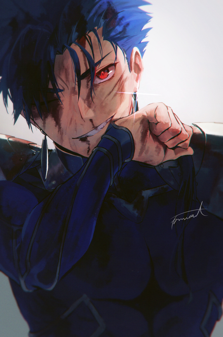 1boy, blood, blood_on_face, blue_bodysuit, blue_hair, bodysuit, cu_chulainn_(fate), cu_chulainn_(fate/stay_night)