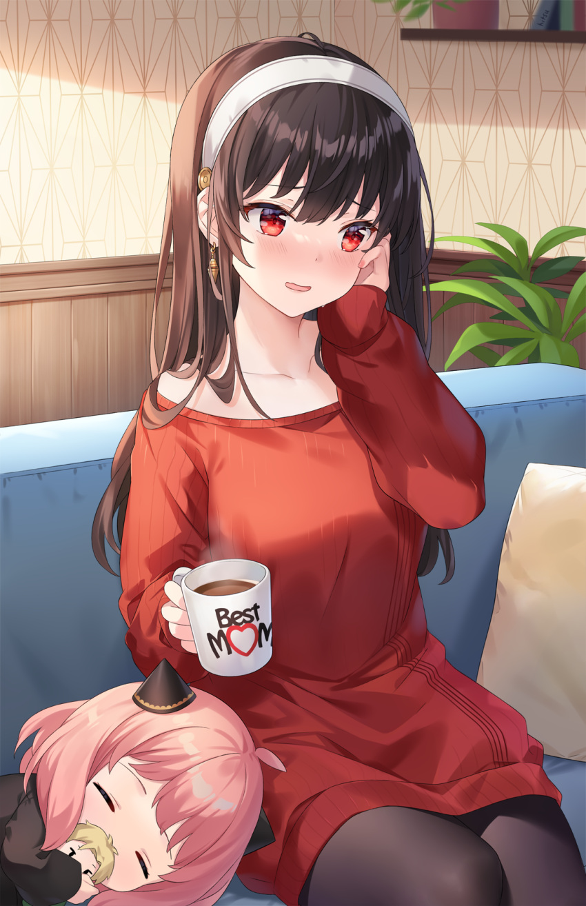2girls, anya_(spy_x_family), bangs, black_hair, black_legwear, blush, book, breasts