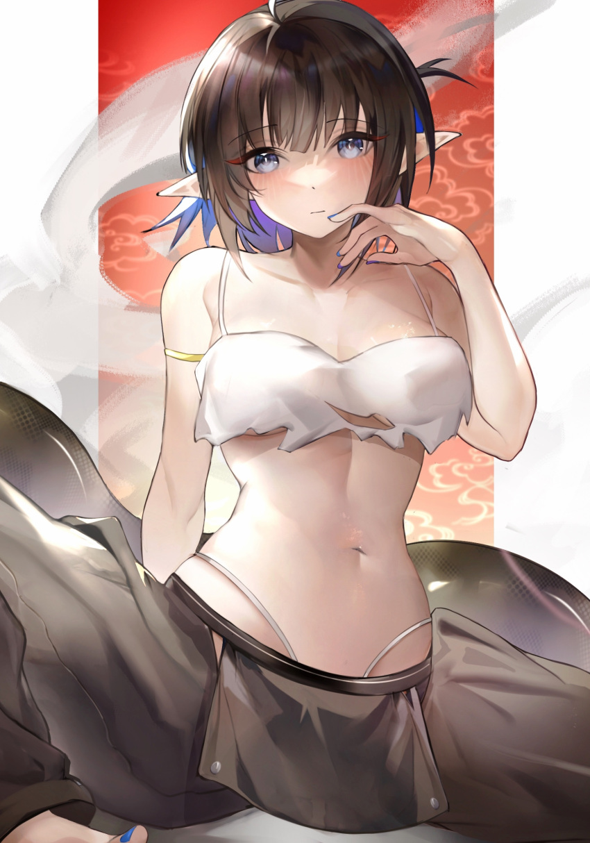 1girl, absurdres, arknights, arm_strap, bandeau, bangs, bare_arms, bare_shoulders