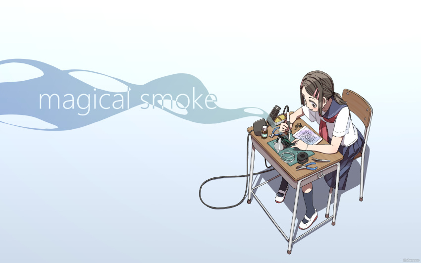 1girl, absurdres, artist_name, blue_background, blue_skirt, blueprint, bottle, brown_eyes, brown_hair, cable, chair, commentary, cutting_mat, desk, diagonal_pliers, english_commentary, english_text, gradient, gradient_background, grey_legwear, hair_ornament, hairclip, highres, holding, kneehighs, long_hair, looking_away, looking_down, low_ponytail, neckerchief, negative_space, original, pleated_skirt, pliers, ponytail, red_neckerchief, sailor_collar, school_chair, school_desk, school_uniform, serafuku, shadow, shapoco, shirt, shoes, short_sleeves, simple_background, sitting, skirt, smoke, soldering, soldering_iron, solo, tablet_pc, tools, tweezers, twitter_username, uwabaki, white_background, white_footwear, white_shirt, wire