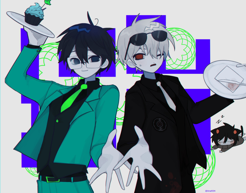 3boys, absurdres, black_hair, colored_skin, cupcake, dave_strider, food, formal, glasses, grey_skin, highres, homestuck, horns, iina934, john_egbert, karkat_vantas, multiple_boys, necktie, one_eye_closed, short_hair, suit, sunglasses, sweater, troll_(homestuck), white_hair