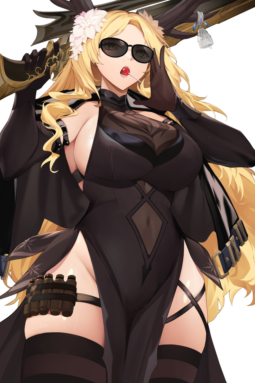 1girl, absurdres, ammunition, bell, black_legwear, blonde_hair, breasts, candy, covered_navel, eating, flower, food, guardian_tales, gun, hair_flower, hair_ornament, highres, holding, holding_candy, holding_food, holding_gun, holding_weapon, horns, jacket, jacket_on_shoulders, large_breasts, lollipop, long_hair, mk87, reindeer_girl, santa's_little_helper_rue, sunglasses, weapon, white_background, yellow_eyes
