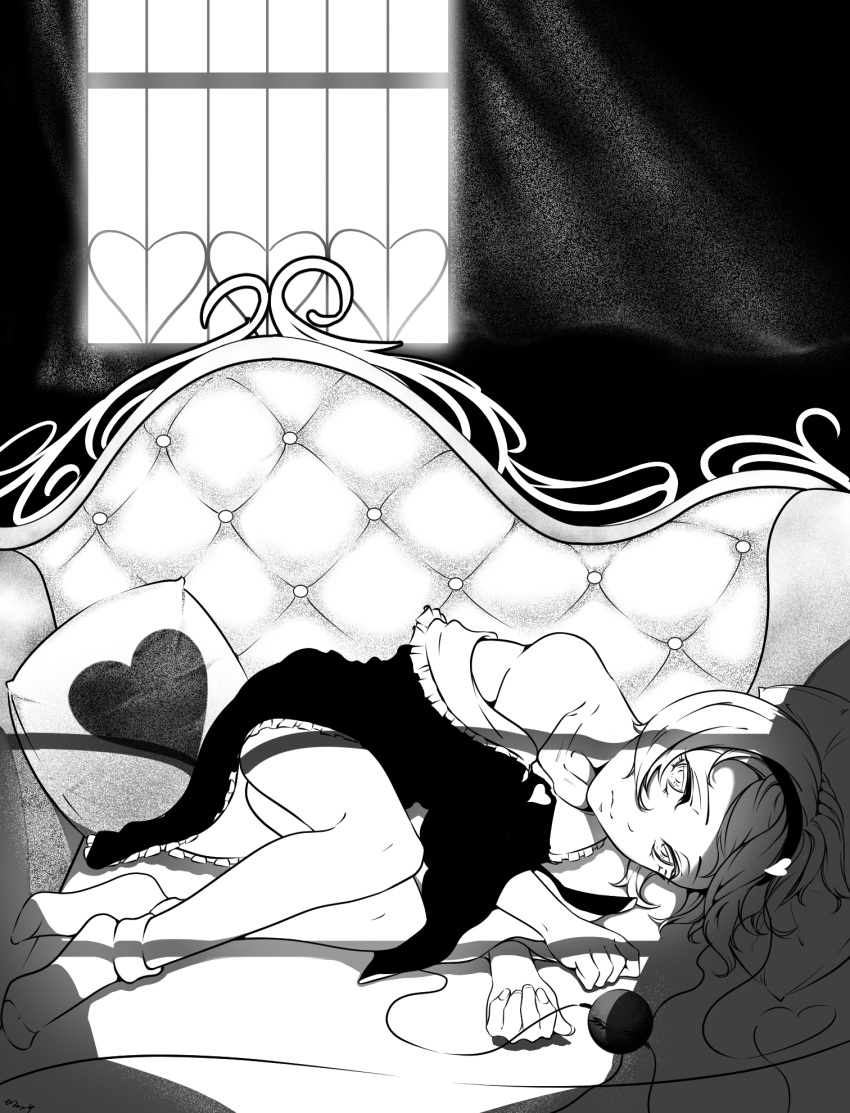 1girl, :s, closed_mouth, collarbone, commentary, couch, cushion, dress