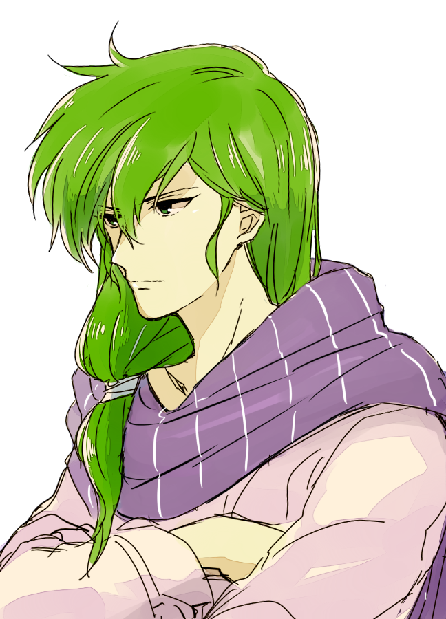 1boy, bangs, commentary_request, crossed_arms, fire_emblem, fire_emblem:_genealogy_of_the_holy_war, green_eyes, green_hair