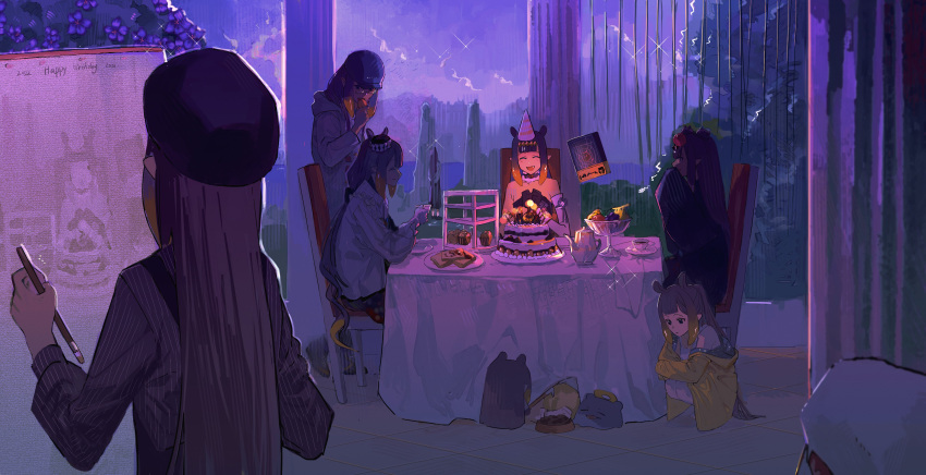 6+girls, absurdres, ao-chan_(ninomae_ina'nis), bangs, beret, blunt_bangs, cake, closed_eyes