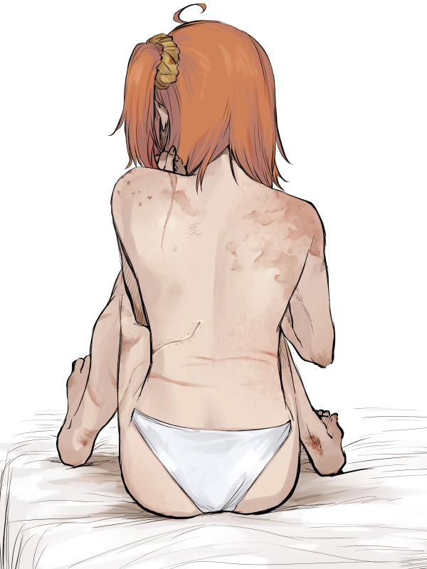 1girl, barefoot, fate/grand_order, fate_(series), fujimaru_ritsuka_(female), metarogu, no_bra, orange_hair, panties, scar, scrunchie, simple_background, topless, underwear, white_background, white_panties