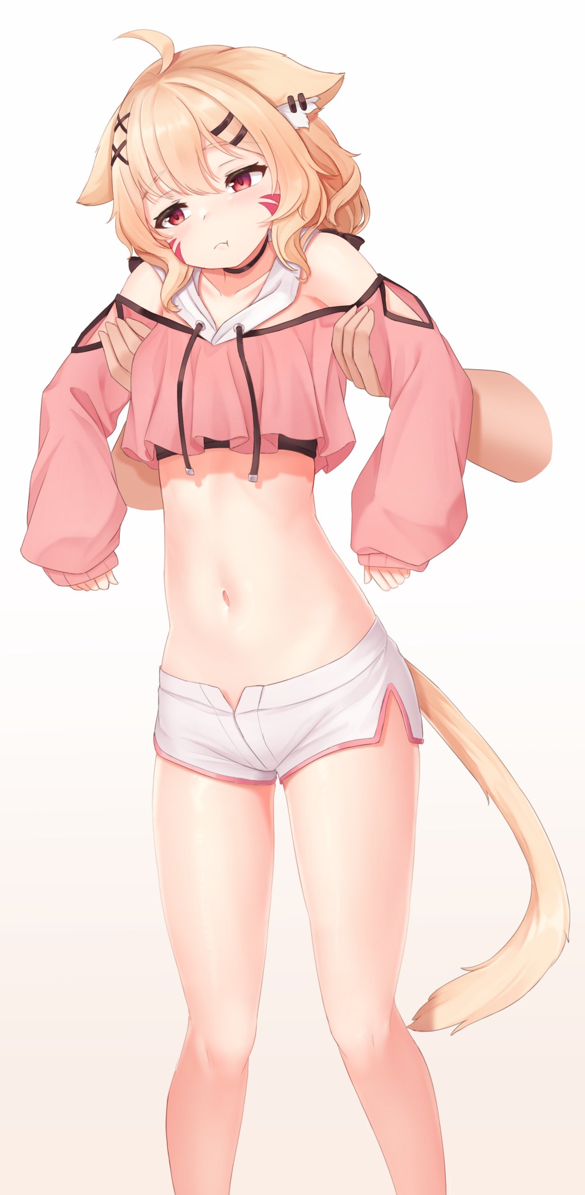 1girl, :t, animal_ears, bare_legs, blonde_hair, cat_ears, cat_girl, cat_tail