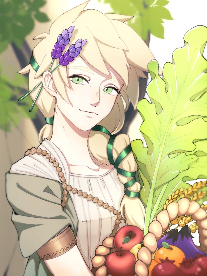 1girl, apple, basket, blonde_hair, eggplant, flower, food, fruit, greek_clothes, green_eyes, hades_(game), hair_flower, hair_ornament, hair_over_shoulder, lavender_(flower), leaf, orange_(fruit), persephone_(hades), smile, upper_body, uratamameron, wheat