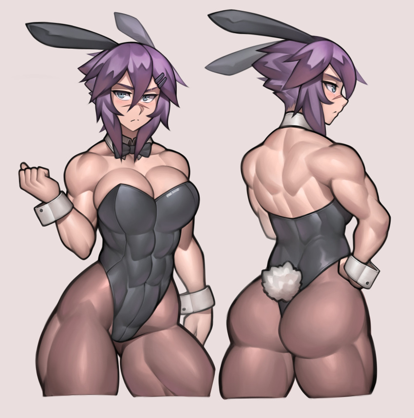 1girl, abs, absurdres, animal_ears, artist_name, ass, ass_visible_through_thighs, back, bow, bowtie, breasts, cowboy_shot, detached_collar, fake_animal_ears, fake_tail, grey_background, grey_eyes, hair_between_eyes, hand_on_hip, highres, large_breasts, leotard, looking_at_viewer, maya_(roadi3), multiple_views, muscular, muscular_female, original, pantyhose, purple_hair, rabbit_ears, rabbit_tail, roadi3, scar, scar_on_face, scar_on_nose, short_hair, simple_background, strapless, strapless_leotard, symbol-only_commentary, tail, twitter_username, watermark, wrist_cuffs