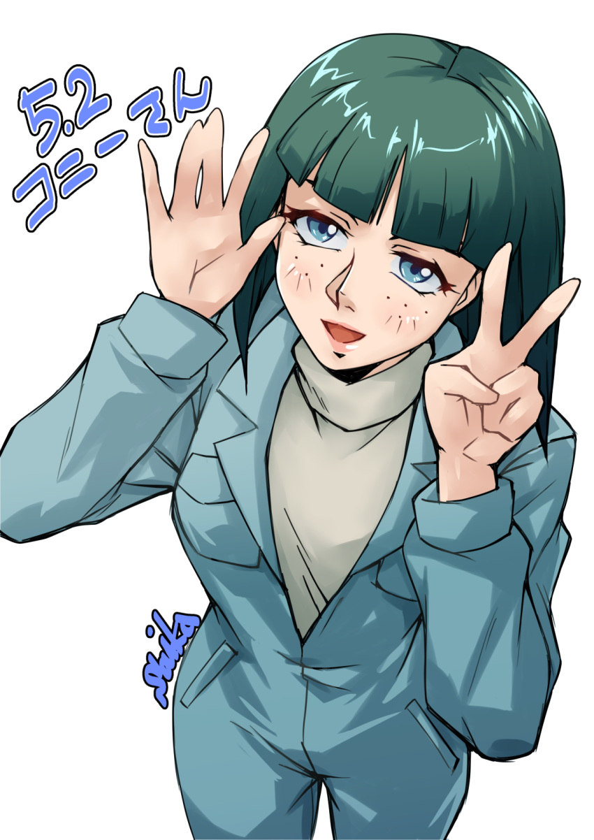 1girl, artist_name, blue_eyes, connie_francis, freckles, from_above, green_hair, gundam