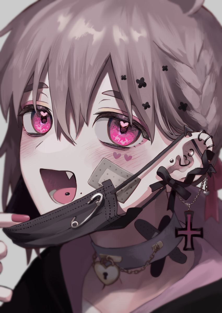 1boy, aruminsuko, bandaid, bandaid_on_cheek, bandaid_on_face, bandaid_on_neck, brown_hair, collar