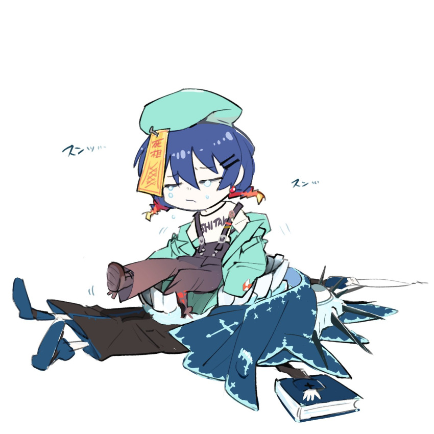 1girl, 90_sik, azuki_aisu_ranmaru, bangs, beret, black_dress, blue_hair, blue_headwear, blue_jacket, boots, braid, brown_footwear, brown_pants, chibi, closed_eyes, closed_mouth, clothes_writing, colored_skin, commentary_request, cookie_(touhou), crying, dress, eyebrows_visible_through_hair, frown, full_body, hat, highres, indie_virtual_youtuber, ishinomaki_tsumuri, jacket, off_shoulder, ofuda, orange_hair, pants, room_201, shirt, simple_background, solo, suspenders, twin_braids, virtual_youtuber, white_background, white_shirt, white_skin