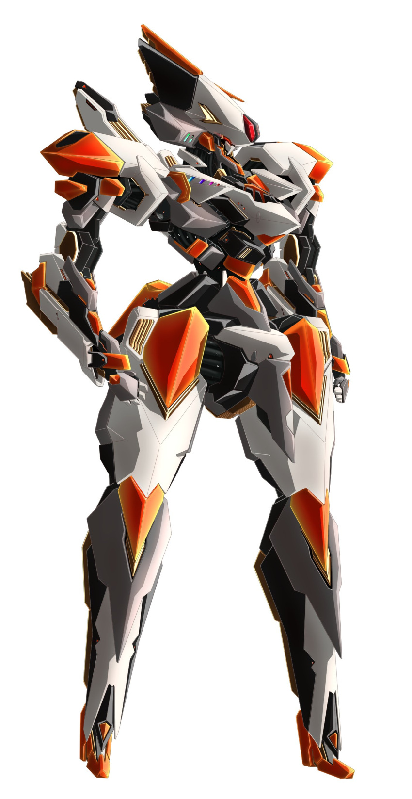 absurdres, clenched_hands, from_side, glowing, glowing_eye, highres, looking_ahead, mecha, no_humans, original, red_eyes, solo, standing, timberwolf87, white_background