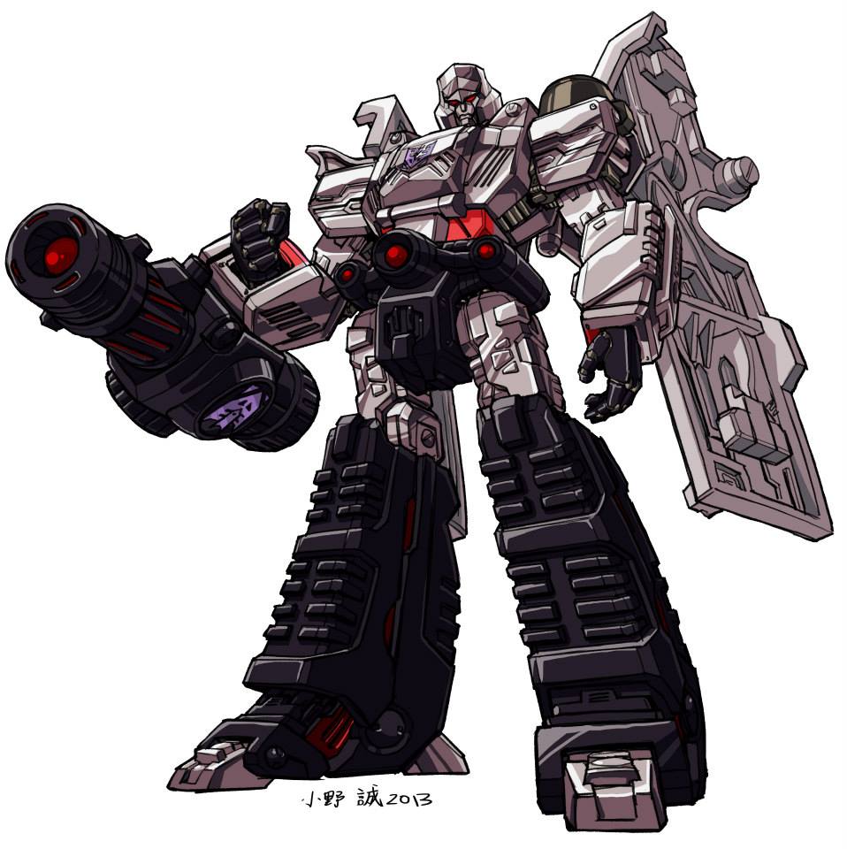 2013, arm_cannon, clenched_hand, commission, decepticon, english_commentary, looking_down, makoto_ono, mecha, megatron, no_humans, open_hand, red_eyes, solo, standing, transformers, weapon, white_background