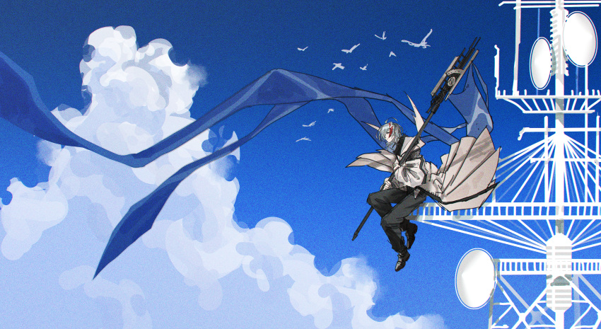 absurdres, abura_yu99, antenna_mast, arknights, bird, black_pants, clouds, day