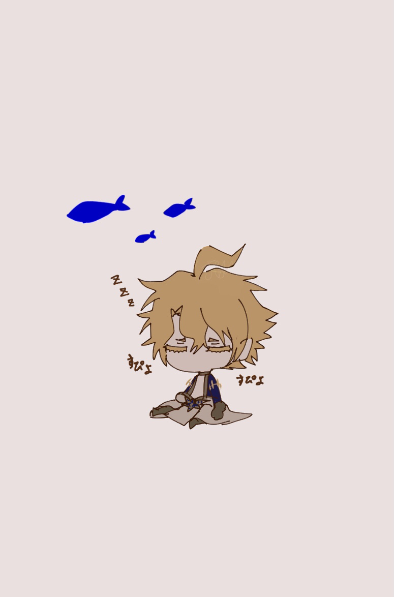 1boy, blonde_hair, chibi, closed_eyes, fish, gloves, male_focus, poseidon_(shuumatsu)