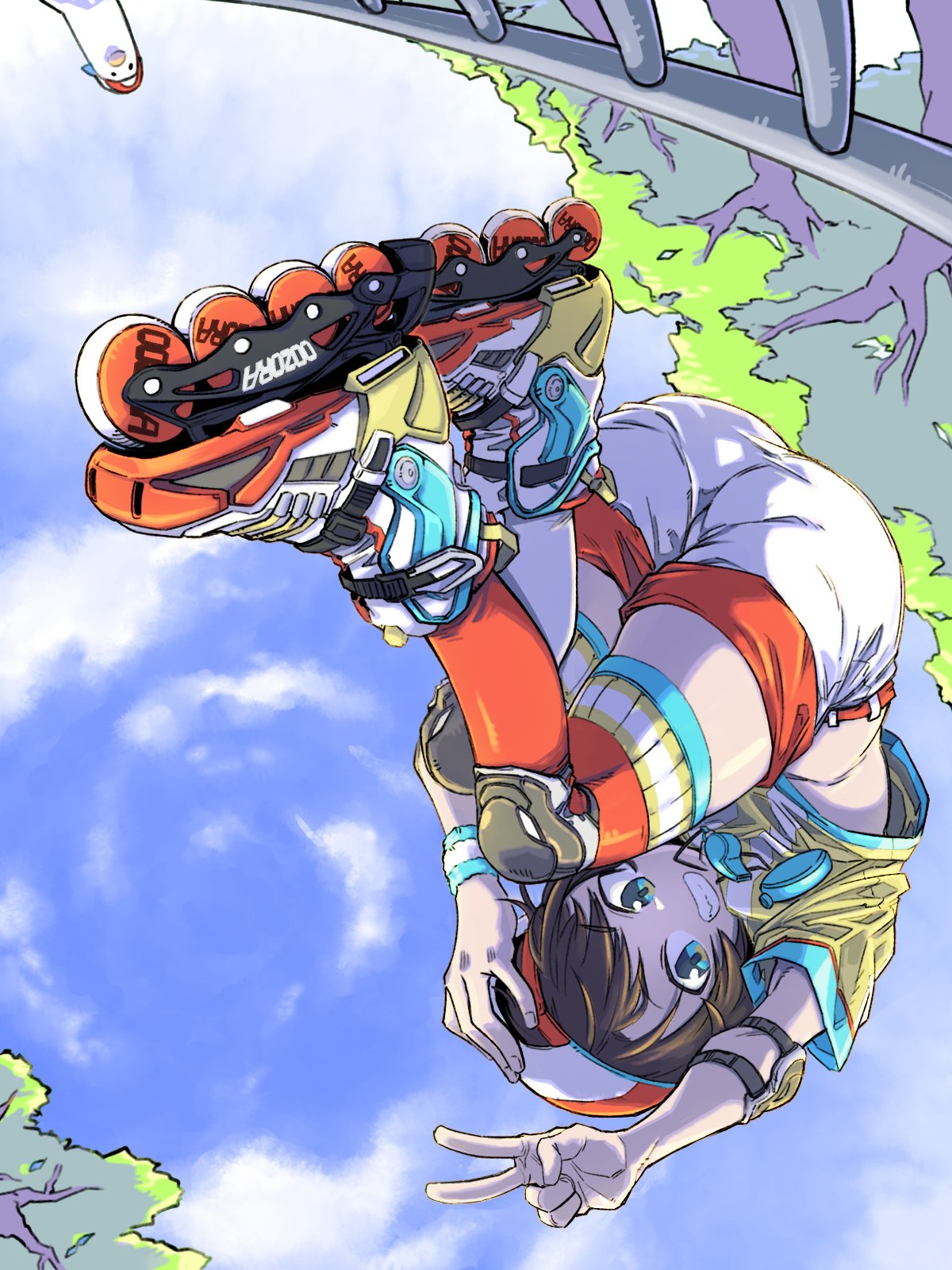 1girl, bangs, blue_eyes, blush, brown_hair, chales28ho, grin, hat