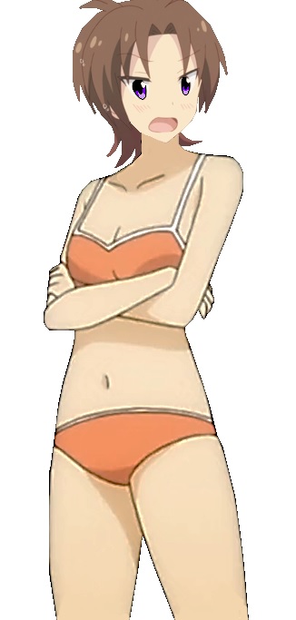 1girl, 2014, absurdres, annoyed, bare_arms, bikini, brown_hair, crossed_arms, female, game_cg, highres, iizuka_yuzu, open_mouth, orange_bikini, orange_swimsuit, purple_eyes, sakura_trick, short_hair, solo, tagme, tangerine_bikini