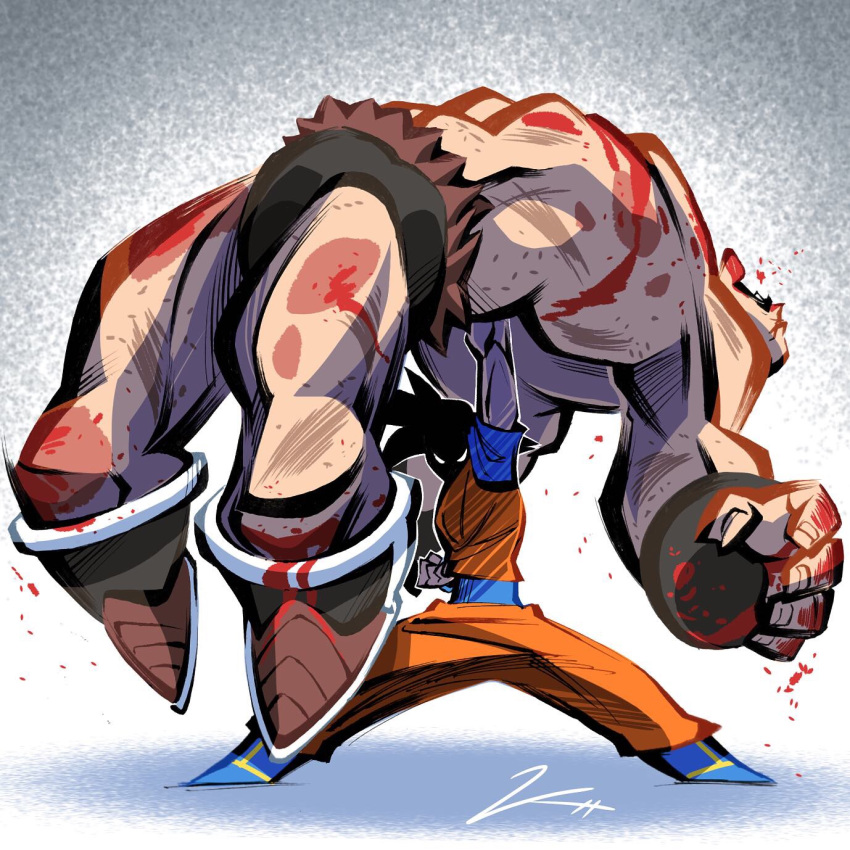 2boys, after_battle, black_hair, bleeding, blood, boots, bruise, clenched_hand, dougi, dragon_ball, dragon_ball_z, highres, injury, krozhatch, lifting_person, looking_at_viewer, multiple_boys, nappa, open_mouth, shaded_face, son_goku, spiky_hair, unconscious