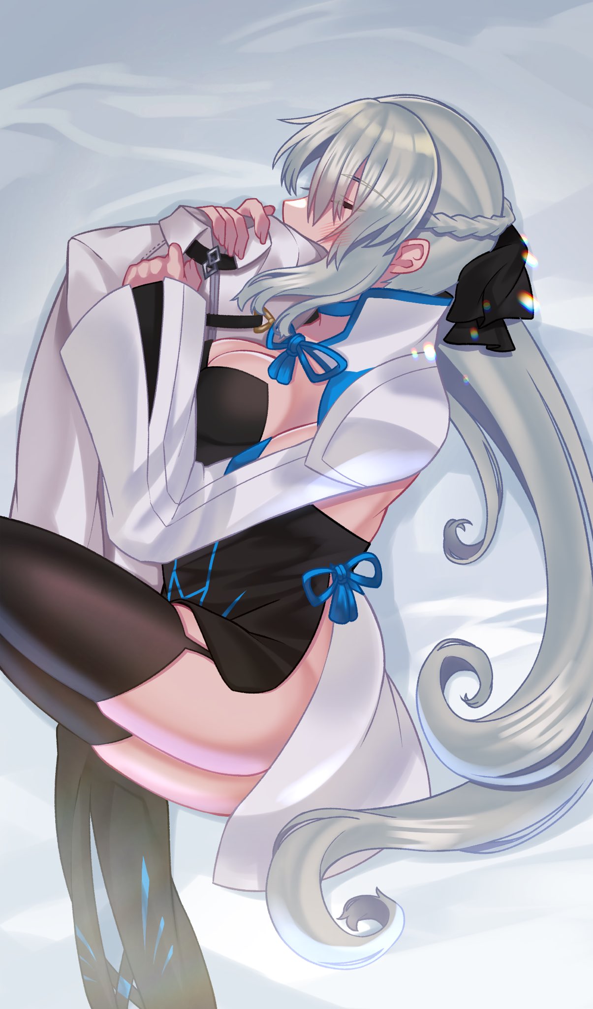 1girl, akio_(akio1124), bed_sheet, black_bow, blush, bow, braid, breasts, chaldea_uniform, closed_eyes, fate/grand_order, fate_(series), french_braid, grey_eyebrows, grey_hair, highres, long_hair, lying, medium_breasts, morgan_le_fay_(fate), no_panties, object_hug, on_bed, on_side, side_slit, skirt, sleeping, solo, thigh-highs, two-tone_dress, white_skirt
