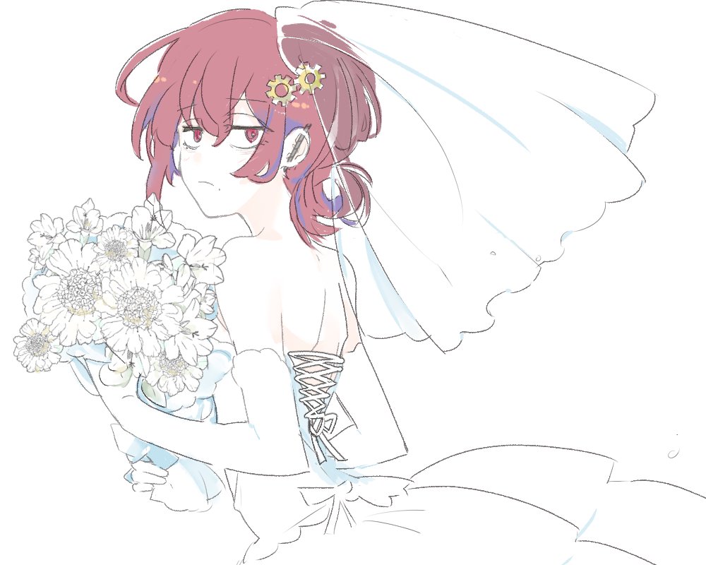 1girl, 90_sik, alternate_costume, bangs, bare_shoulders, bridal_veil, closed_mouth, cowboy_shot