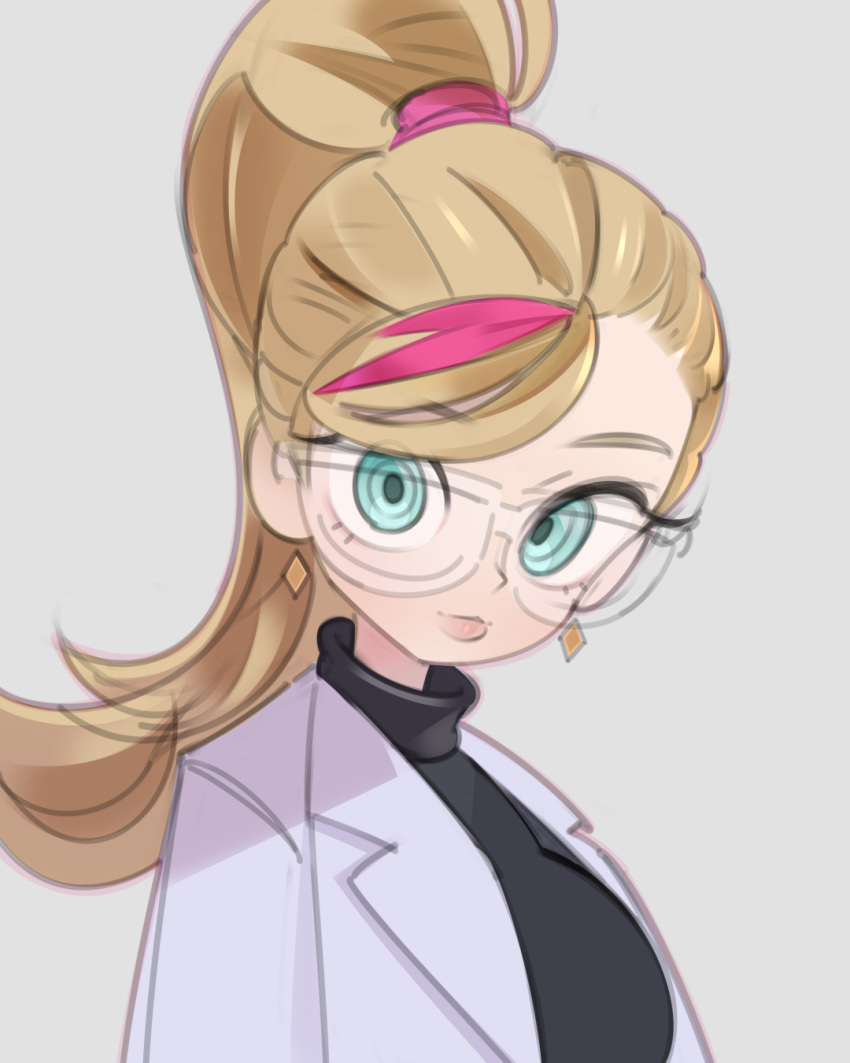 1girl, alternate_costume, black_sweater, blonde_hair, earrings, eyebrows_visible_through_hair, glasses, hair_behind_ear