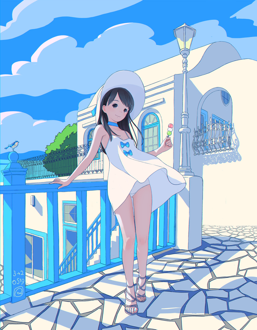 1girl, arm_support, bangs, bare_arms, bare_shoulders, black_hair, blue_bow, blue_choker