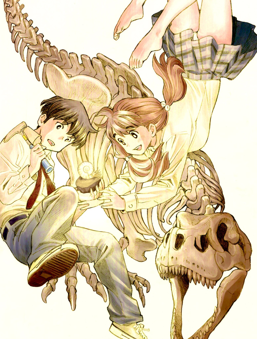 1boy, 1girl, ammonite, barefoot, belt, dinosaur, floating, fossil, hammer, highres, kikumoto_kaoru, kimi_wa_sukinosaurus, low_twintails, miniskirt, monochrome, necktie, official_art, open_mouth, pants, plaid, plaid_skirt, pleated_skirt, school_uniform, sekiguchi_taro, shiraishi_momiji, shirt, skeleton, skirt, smile, twintails, tyrannosaurus_rex